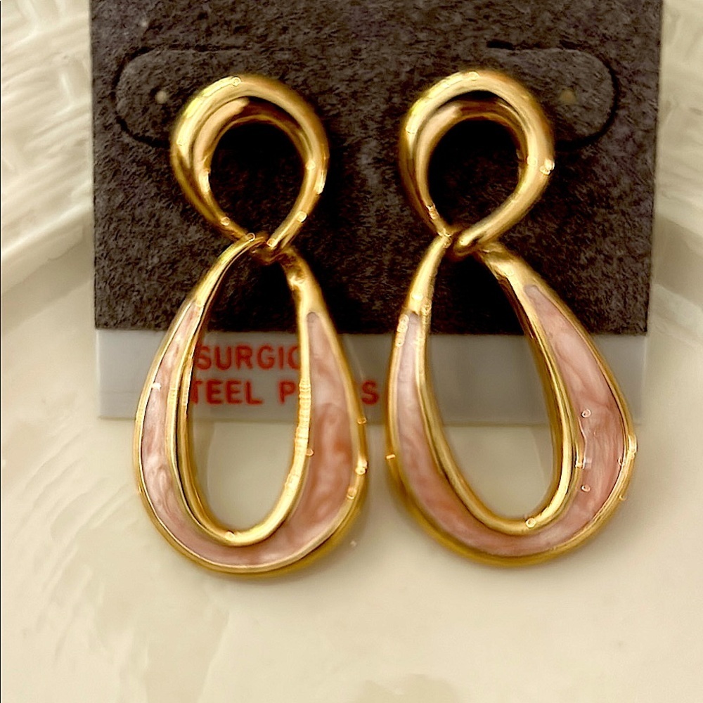 Gold Clay Pink Loop Dangle Earrings Pierced NEW Vintage Surgical Steel Post